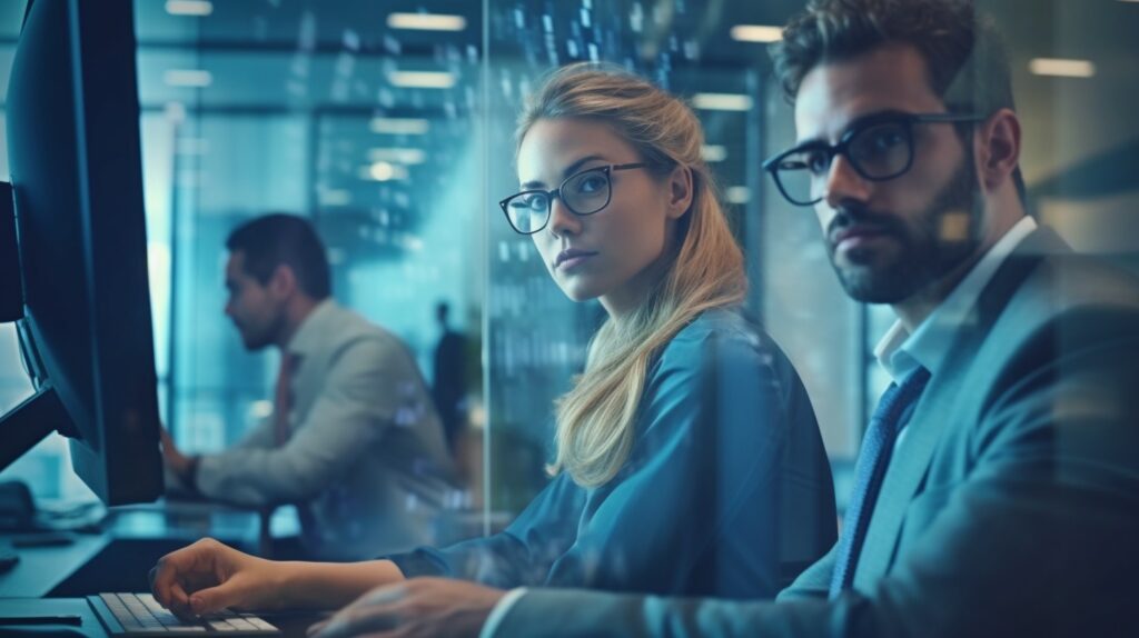 AI Handsome businessman and businesswoman working on video 6a0a3255 1837 4031 a536 58be4d6e31f8