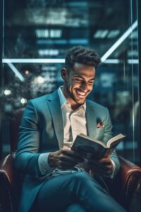 AI Happy businessman reading a book in a modern office. Sho f78a1388 52de 4e5c b27c 41bd54e55f94