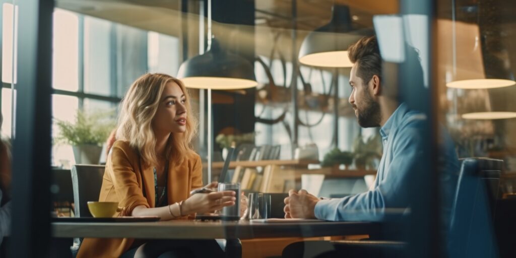 AI Shot of two young colleagues having a discussion in mode 4621c04c 2176 4292 809a 3ea195903a66